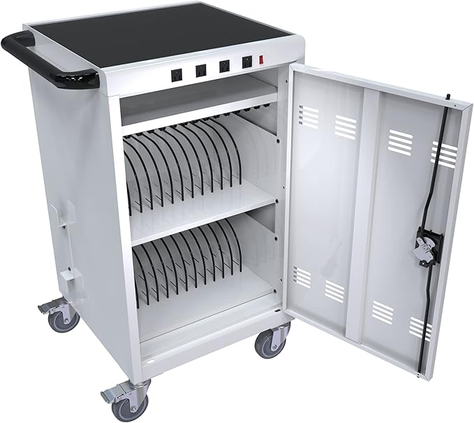 TOUPUWAN Laptop Charging Cabinet, 36 Unit Mobile Charging Cart and Cabinet with Power Cord Management, Fits Screen Sizes Up to 16.3", Fits Chromebook, Laptop, Fits School, Business, White with Outlet