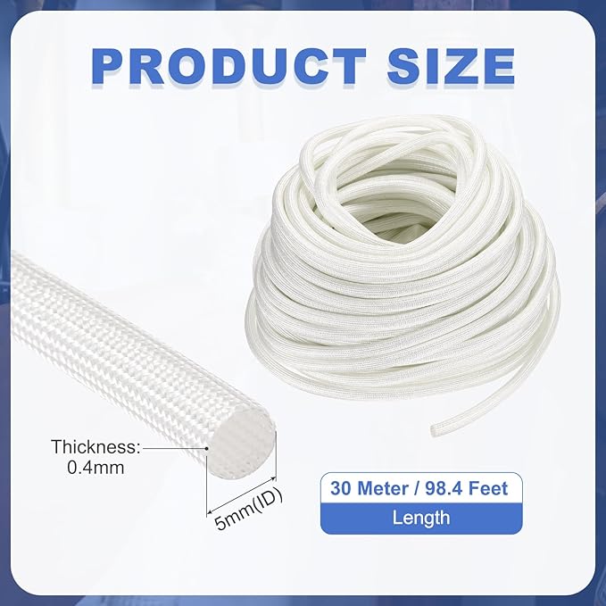 uxcell Insulation Cable Protector,5mm/0.20 Inch-30m/98 Feet High Temp Fiberglass Sleeve White