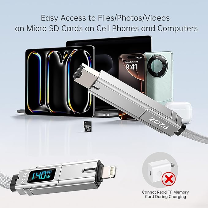 PZOZ Portable Keychain 5-in-1 OTG Cable with USB C Fast Charging LED Display and Micro SD/TF Card Reader, Multi USBC Charger Combo Lightning/Type C/USB A for iPhone iPad MacBook Samsung-140W 7.3 inch