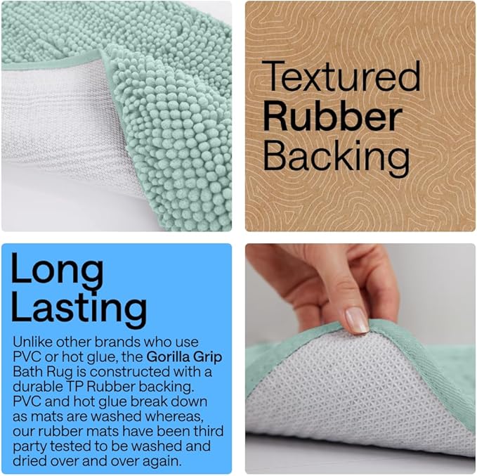 GORILLA GRIP Bath Rug Mat 60x24, Soft Absorbent Chenille, Quick Dry Microfiber Mats, Rubber Backing Washable Shower Floor Rugs, Bathmat Runner, US Designed Bathroom Home Decor Accessories Seablue