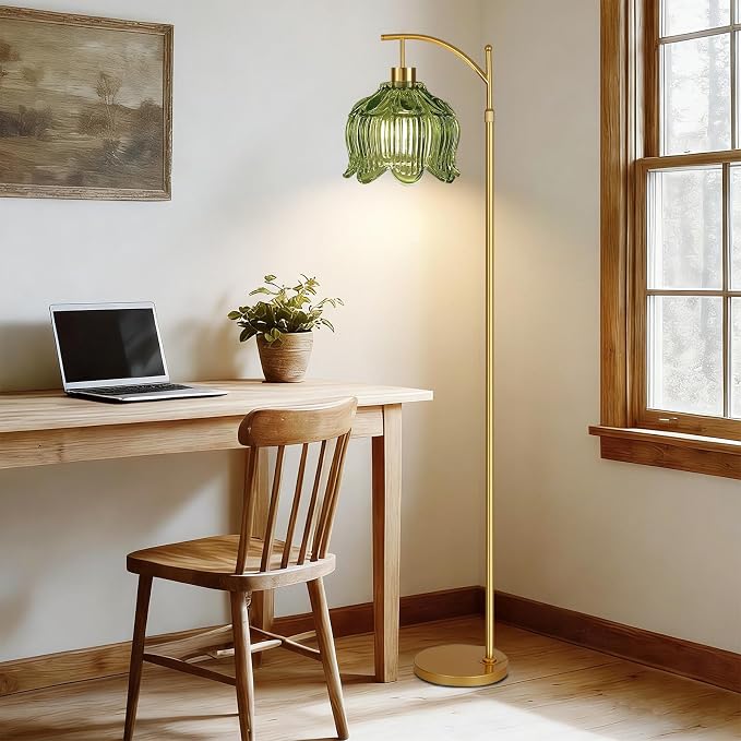 QIYIZM Glass Floor Lamp for Living Room,Bedroom,Gold Dimmable Standing Lamp with Remote,Mid Century Modern Brass Tall Lamp Boho Vintage Floor Lamps Arc Green Tulip Flower Floor Light Lamp Bohemian