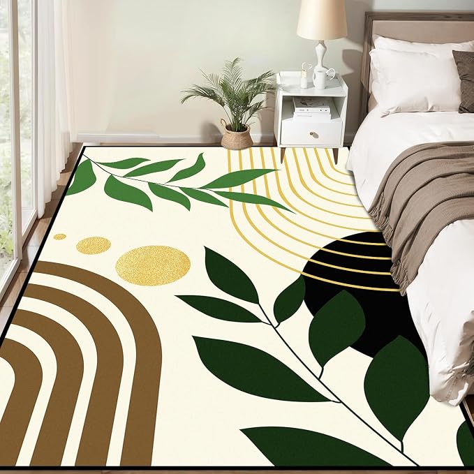 Modern Abstract Rug Geometric Area Rug Boho Green Leaf Floor Mat Soft Washable Carpet for Entryway Bedroom Living Room Kitchen Home Decor 2'x3'