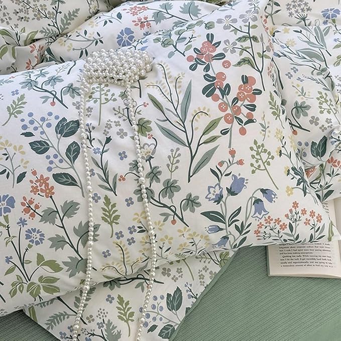 EAVD Vintage Style Garden Botanical Duvet Cover King Soft Cotton Chic Shabby Colorful Leaves Floral Bedding Set with 2 Pillowcases Fresh Floral Duvet Cover with Zipper Closure