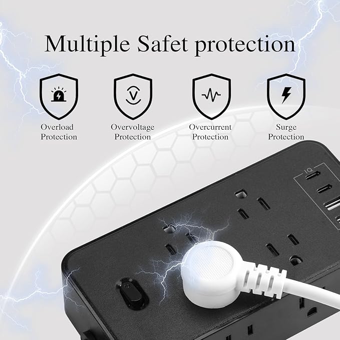 10FT Power Strip Extension Cord Surge Protector with 8 Outlets and 2 USB & 2 USB-C Port(5V 3.1A),Bold Extension Cord with Fuse Surge Protected Power Strip for Home Office (Black)