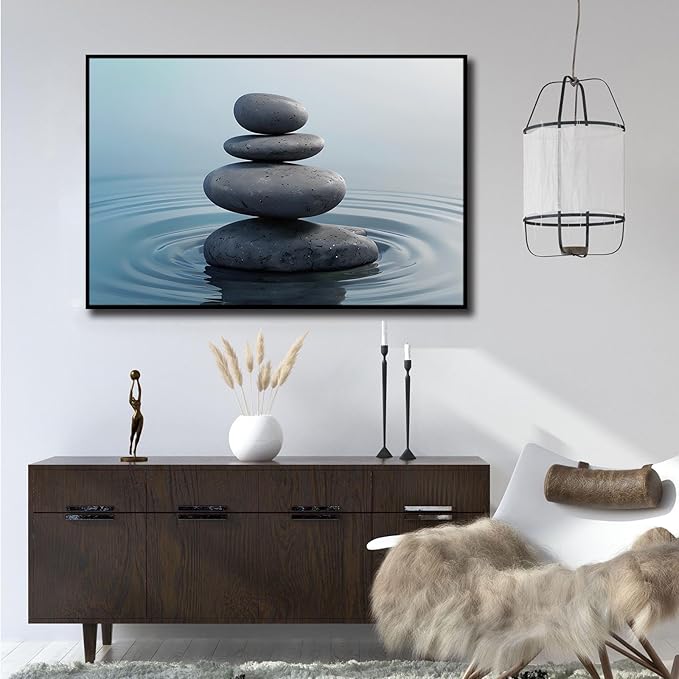 Zen wall art Harmonious grey stones stacked on a calm surface of water Serene Zen decor suitable for tranquil homes and spaces of meditation 8x12in Metal blackFramed
