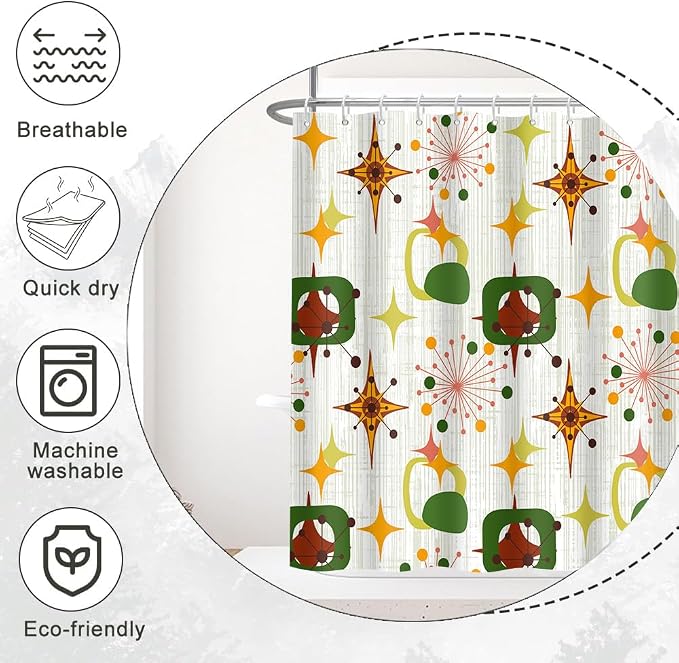 Mid Century Shower Curtain, 60x72inch, Modern Abstract Retro Green Striped Geometric Shower Curtain Sets 1950s Boho Bathroom Shower Curtain with 10 Hooks