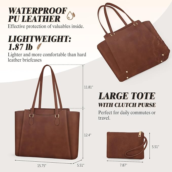 RAINSMORE Laptop Bag for Women 15.6 Inch Work Tote Bags Waterproof Computer Bags Leather Professional Laptop Purse Womens Laptop Briefcase Large Handbag for Office Teacher Travel, Retro Brown