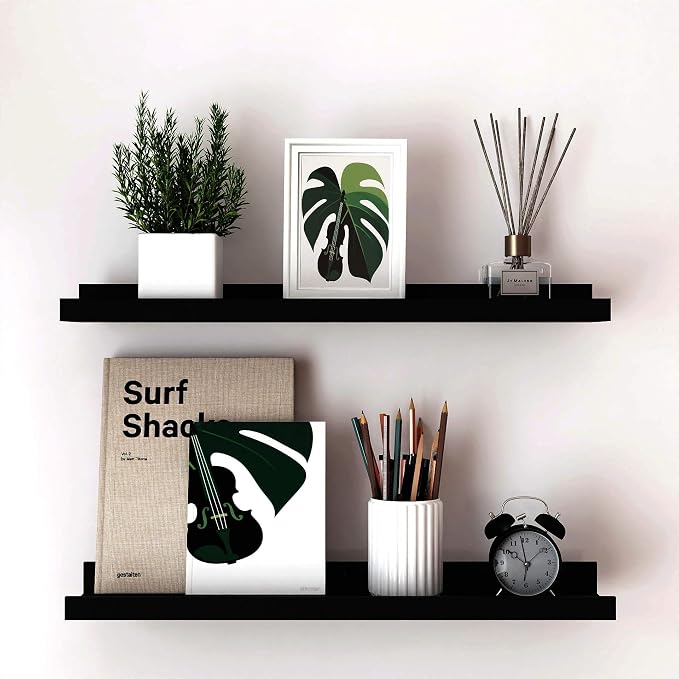 Long Floating Shelves for Wall Decor, Long Wall Mounted Storage Shelf for Bedroom, Living Room, Bathroom, Kitchen, Nursery, Display Picture Ledge Shelf with Lip Set of 2-24 Inches, Black