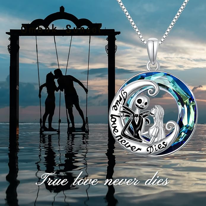 LILALO Christmas Gifts Nightmare Necklace Sterling Silver Abalone Shell Crystal Jack and Sally Necklace Jack Skellington Skull Jewelry Skull Necklaces for Women
