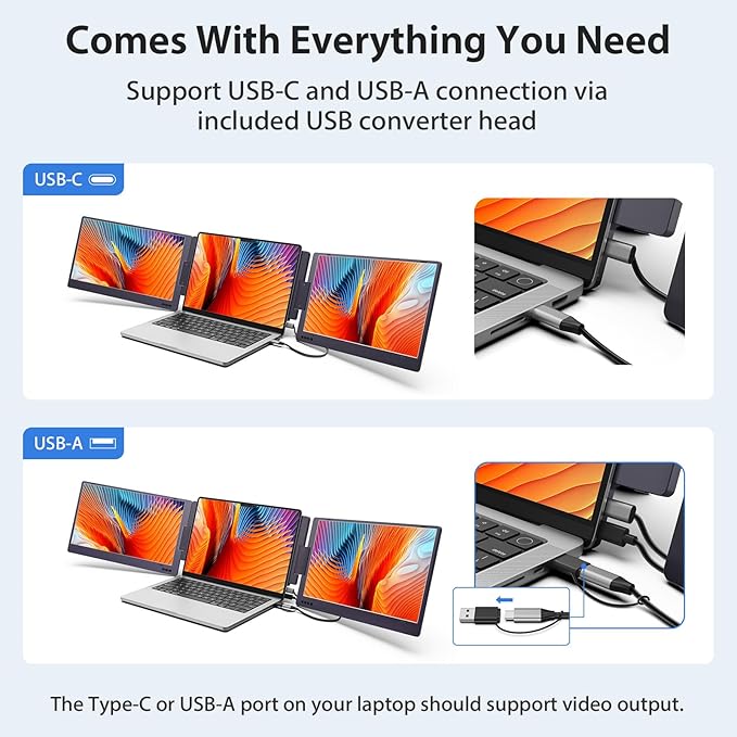 KYY 14" Portable Triple Monitor for Laptop, Laptop Screen Extender with Full HD IPS Display, Computer Extended Monitor Compatible with Mac, Windows, Chrome, Fits 12-16 Inch Laptops