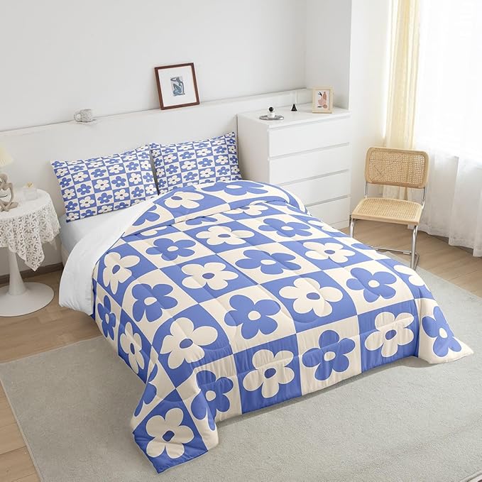 Castle Fairy Kids Cute Flowers Plaid Queen Size Comforter Set,Blue and Cream Floral Checked Bedding Set with 2 Pillowcases,Fashion Geometric Style Breathable Durable Polyester Bedding Set