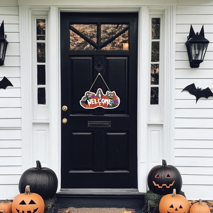 Abstract Raven & Cat Halloween Sign - 6" x 10" Rustic Farmhouse Wall Decor with Jute Rope, Perfect for Halloween, Cottage, Home, Bedroom, Witch Theme, Spooky Seasonal Wall Art. - A04