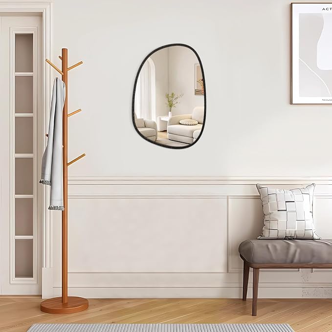 Asymmetrical Hanging Wood Mirror Irregular Oval Frame Mirror for Wall Modern Unique Decorative Mirror for Bathroom Vanity Living Room Bedroom Entryway Artistic Wall Mirror