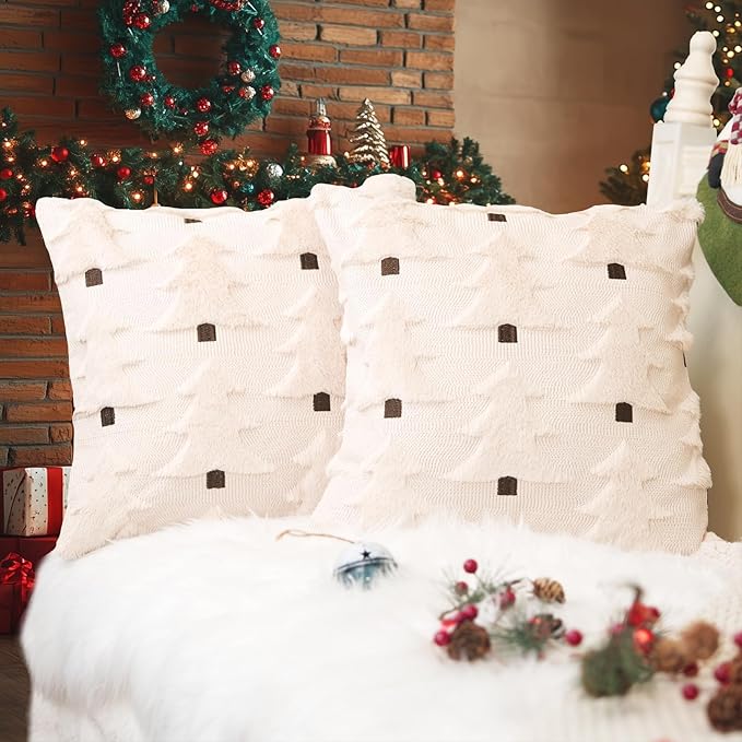 GEEORY Christmas Pillow Covers 16x16 Inch Set of 2, Christmas Decorations Xmas Tree Soft Plush Fluffy Faux Fur Decorative Throw Pillows Farmhouse Winter Cushion Case Beige Brown GC034-16