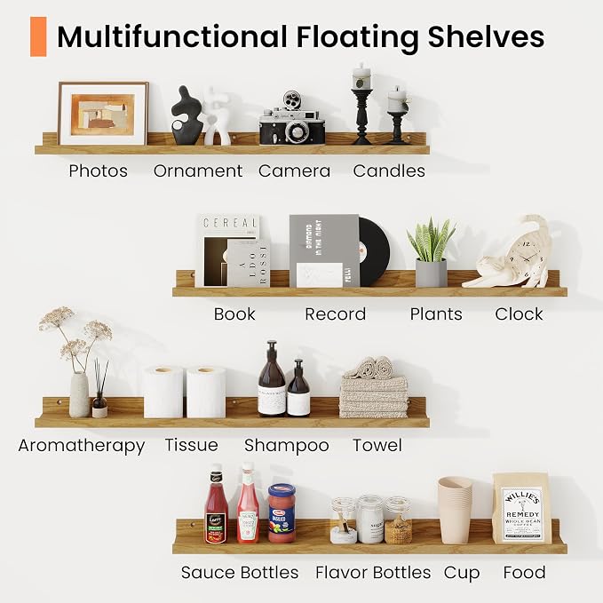 RICHFOCUS Picture Ledge Shelf, 48 inch Floating Shelves Set of 2, Wood Wall Shelves with Lip, Wall Decor Storage for Bedroom Living Room Bathroom Kitchen Nursery Photo Picture, Oak