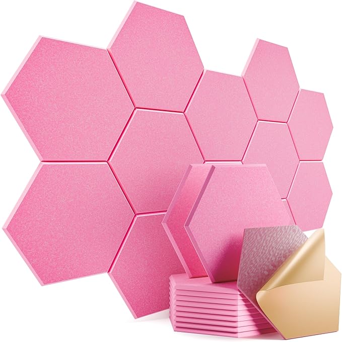 12 Pack Self-Adhesive Acoustic Panels 12" X 10" X 0.4" - Sound Proof Foam Panels with High Density, Stylish Hexagonal Design, Flame Resistant, Absorb Noise and Eliminate Echoes(Pink)