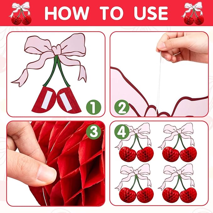 3D Cherry Bow Honeycomb Decorations, 4-Pcs 12 Inch Large Cherry Table Decorations and Cherry On Top Centerpieces, Cherry Decoration for Birthdays Party, Baby Shower & Home Cherry Decorations