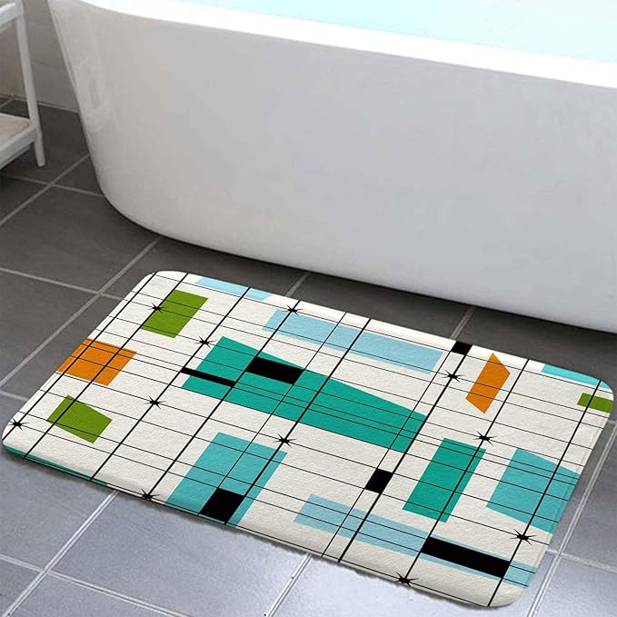 DYNH Mid Century Kitchen Rug/Bath Rug, Aesthetic Abstract Geometric Mid Century Bath Mat Rug, Teal Retro Grid Starbursts 1950S 1960S MCM Modern Minimalist Floor Rug mat for Kitchen/Bathroom,17X48