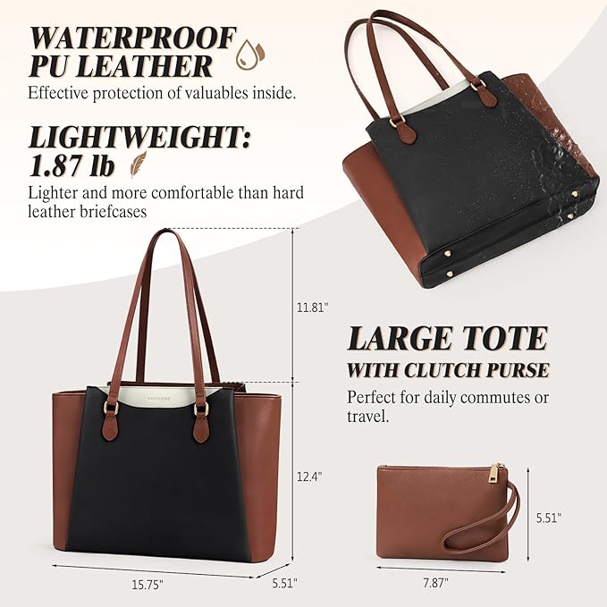 RAINSMORE Laptop Bag for Women 15.6 Inch Work Tote Bags Waterproof Computer Bags Leather Professional Laptop Purse Womens Laptop Briefcase Large Handbag for Office Teacher Travel, Black Brown White