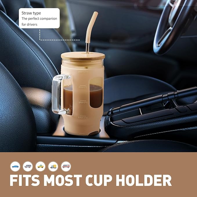 Glass Tumbler with Lid, 32 oz Glass Cup with Handle, Glass Water Bottles with Time Marker, 2 Straws - Pearl Straw & Silicone Protective Sleeve - Amber