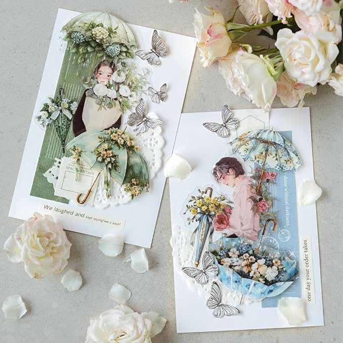 Dwpetzo 120Pcs Aesthetic Scrapbook Stickers for Scrapbooking, 6 Assorted Set Watercolor Umbrella Floral Decorative PET Stickers for Journaling, Junk Journal Supplies, Bujo, Collage, Craft Arts