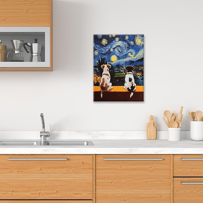 Dog Wall Art, Starry Night Dogs Pictures Wall Decor, Animal Canvas Prints Painting, Framed Artwork for Bathroom Living Room Bedroom Office Dining Room 24"X20"
