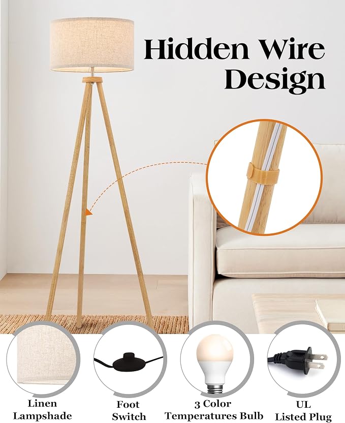 ELYONA Wood Tripod Floor Lamp for Living Room, Nordic Standing lamp with 3 Color Temperatures LED Bulb Included & Beige Linen Shade, Footswitch, Tall lamp for Bedroom, Office, Study Room, Natural Wood