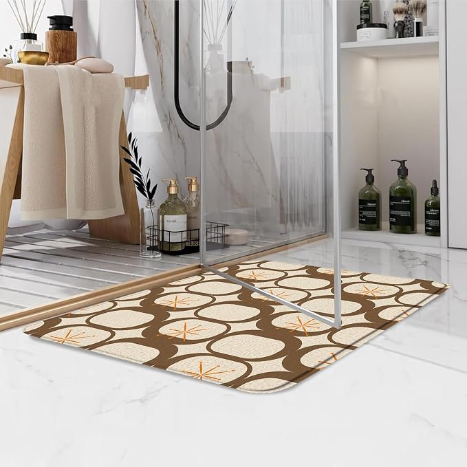Mid Century Modern Bath Mat Abstract Atomic Geometric Retro 1950s Brown Bathroom Kitchen Toilet Rugs,20x31 Inch