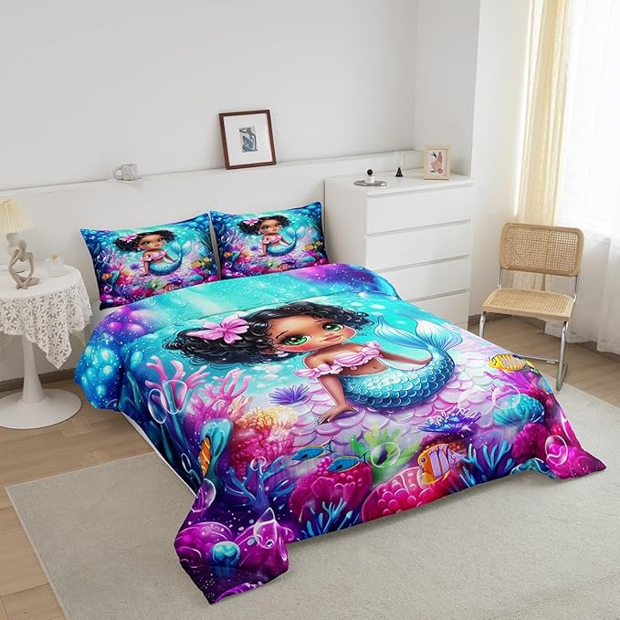 Cute Mermaid Comforter Set Queen Size,Reversible Cute Girl Fish Scale Print Black Bedding Set for Women Adult,African Style Cartoon Fairy Tale Theme Luxury Bed Duvet Insert, 2 Pillowcases
