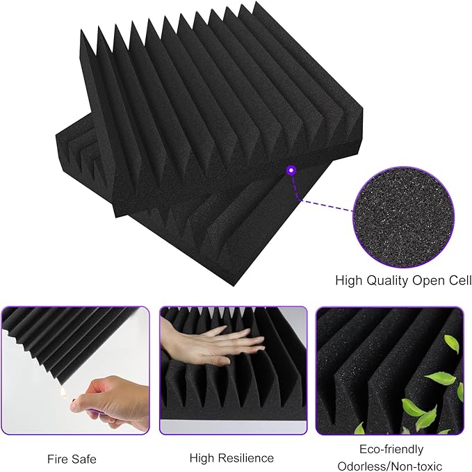 TroyStudio Thick Acoustic Foam Panels, 12 X 12 X 3 Inch 12 Pcs Broadband Sound Absorbing Foam, Dense Soundproof Padding Tile, Recording Studio Foam Absorber, Wedges Decorative 3D Wall Ceiling Panel