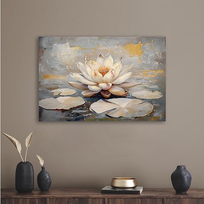 Ethereal white lotus floating on Crystal Waters poster vintage oil painting printwall art soft blush and gold accents serene home and office decor dreamy 8x12in Wood Framed
