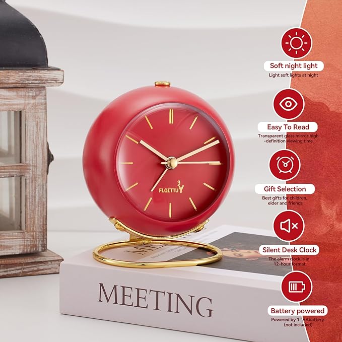 FLOITTUY Silent Table Analog Alarm Clock No Ticking, Lighted on Demand and Battery Operated, Beep Sounds, Small Desk Clock(Tomato Red)