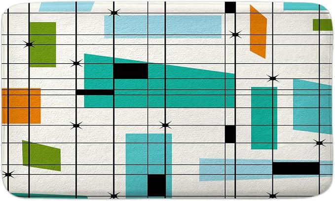 DYNH Mid Century Kitchen Rug Bath Rug, Aesthetic Abstract Geometric Mid Century Bath Mat Rug, Teal Retro Grid Starbursts 1950S 1960S MCM Modern Minimalist Floor Rug mat for Kitchen/Bathroom,17X29