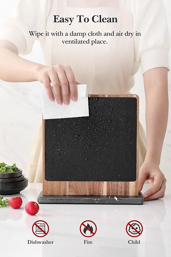 HEZHEN Double-sided Magnetic Knife Holder without Knives, Acacia Wood Knife Block with Leather Cover, Space-saving Knife Storage, Strong Enhanced Magnets Strip, Non-slip Marble Base