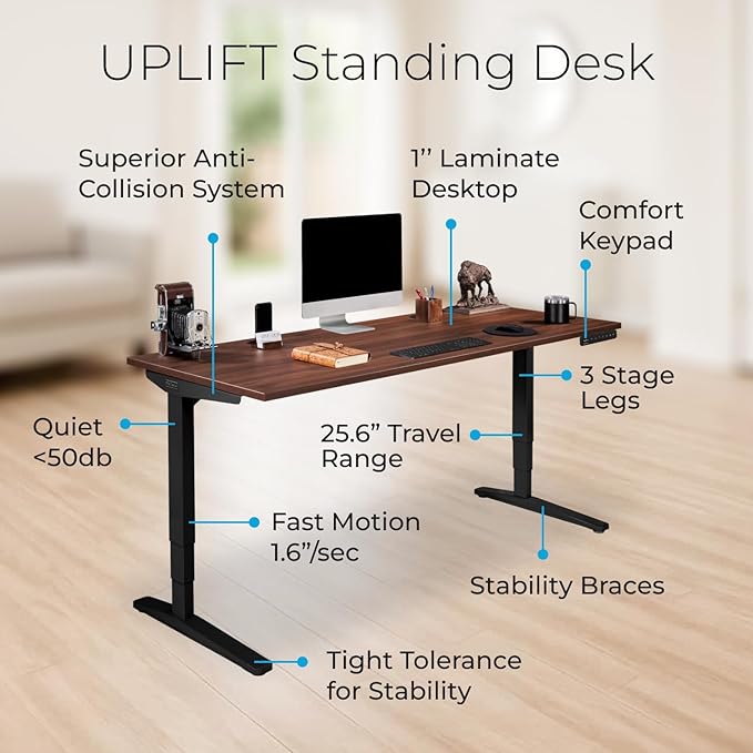 UPLIFTDESK V2 2-Leg Walnut Laminate Wood Standing Desk – Adjustable Height, Advanced 1-Touch Memory Keypad, Under Desk Cable Management, Wire Grommets & Rocker Board (Black C-Frame, 42 x 30 inch)