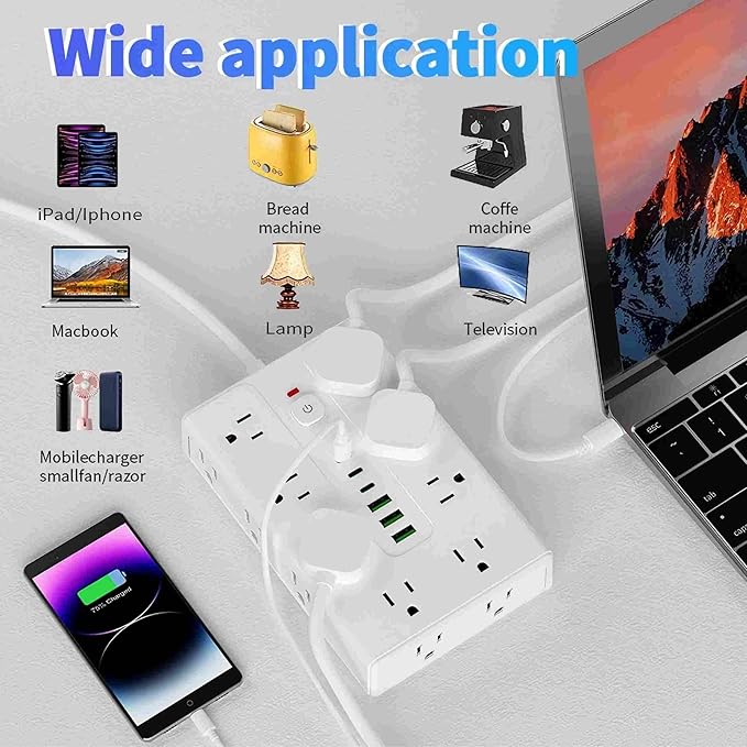 Power Board Surge Protector with 16 sockets, Equipped with 3 USB A and 3 USB C Ports, Suitable for Various Devices, Including Home, Office, and Dormitory (white6.5T)