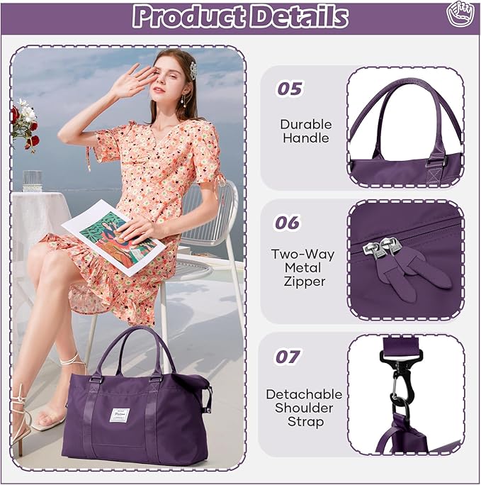 Small Gym Bag for Women, Dark Purple Stylish Duffle Travel Bag for Plane, Lightweight Duffle Bag for Women, Sport Gym Tote Bag with Wet Pocket for Yoga, Pilates, Swimming