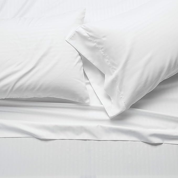 Amazon Basics Soft, Comfortable Queen Size Bed Sheets, Deluxe Microfiber, 4-Piece, Bright White Striped