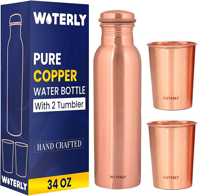 Plain Copper Water Bottle (34 Oz /1000ml) With Set Of 2 Tumbler (10 Oz/300ml Each) | Best use for Office,Gym & gifts |100% Pure Copper Material with Leak proof Quality Made In India