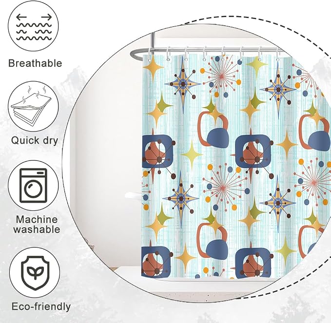 Mid Century Shower Curtain, 72x84inch, Modern Abstract Retro Blue Striped Geometric Shower Curtain Sets 1950s Boho Bathroom Shower Curtain with 12 Hooks