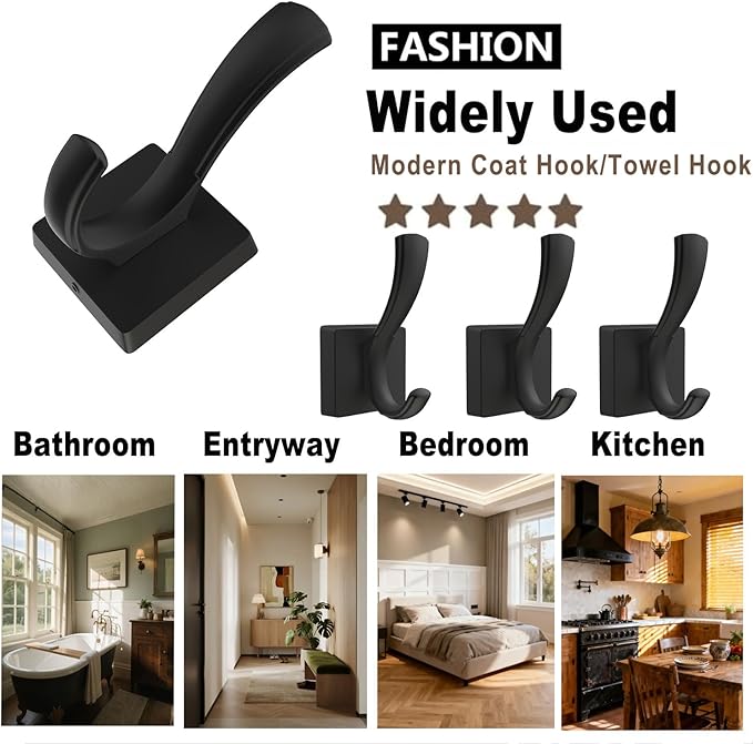 TOFIIGREM 3 Pack Black Towel Hooks, Towels Robe Holder for Bathroom Coat Hooks for Wall Hanging Key Hat Backpack (3 Pack, Black)