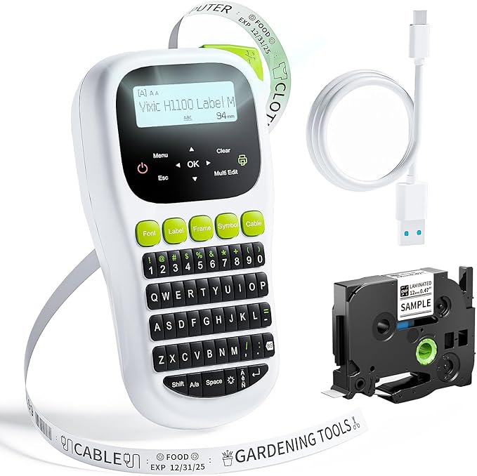 Vixic Label Maker Machine with-Tape, H1100 Handheld Label Maker Waterproof-Labels Portable Labeler Backlit Screen for Home School Office Organization Gifts, Multiple Fonts Symbols Borders Easy to Use
