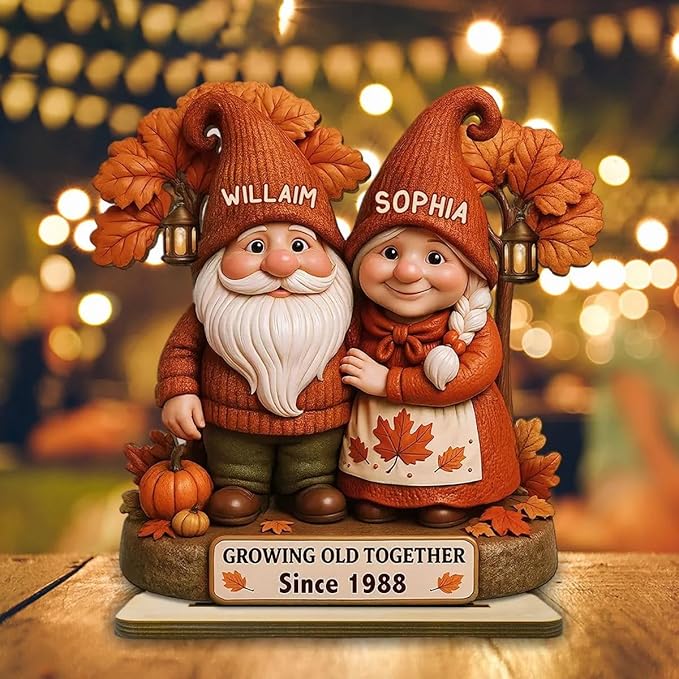 Personalized Gnome Couple Figurine, Growing Old Together Since 1988, Custom Autumn Decoration, Unique Fall for Couple, Engraved Family Ornament for Parents and Grandparents