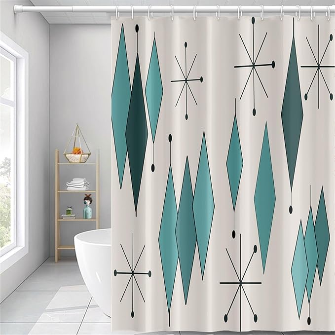 Mid Century Turquoise Shower Curtain Abstract Teal Diamond Geometric Atomic Starburst Pattern Beige Backdrop for 1950s Retro Bathroom Decor Shower Curtain Set with 12 Hooks, 48x72 Inches