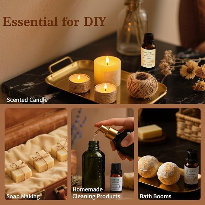Dohale Essential Oils Set Acacia Wood Gift Box - Stress Relief Relax Soothe, Top 8 Aromatherapy Oils for Diffuser Hotel Scent Home Fragrance Candle Making - Chamomile, Lavender & More 10ml