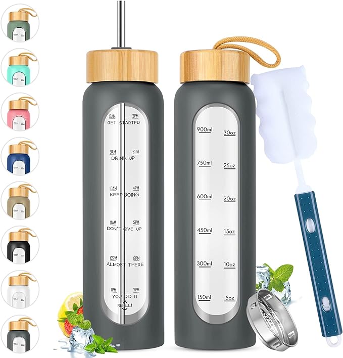 32 oz Glass Water Bottle with Straw - Motivational Time Marker & Silicone Sleeve - Reusable Tumbler Includes 2 Bamboo Lids & Fruit Infuser - 1 Pack