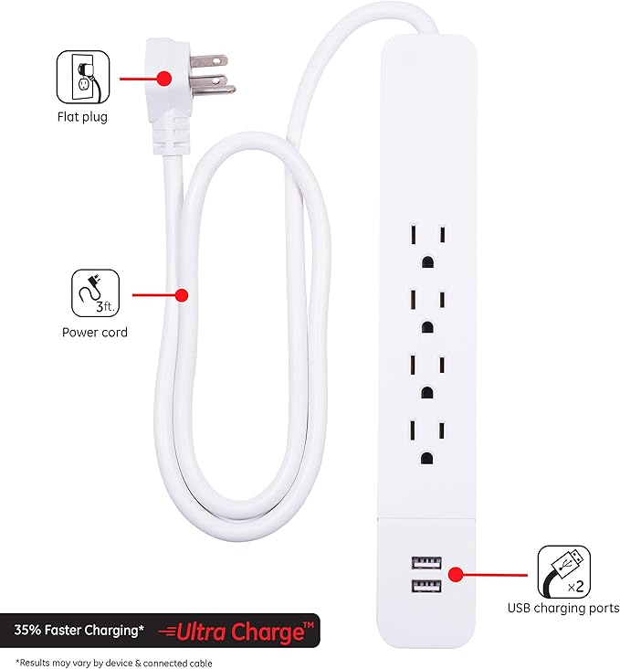 GE 4-Outlet Surge Protector, 2 USB Ports, 3 Ft Power Cord, 560 Joules, Flat Plug, Automatic Shutdown Technology, Circuit Breaker, Warranty, ETL Listed, Black, 37212