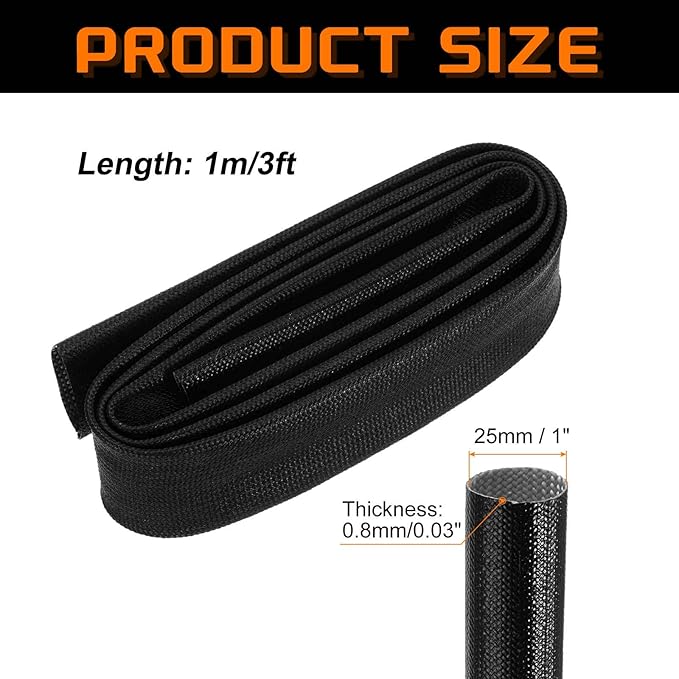 MECCANIXITY 3ft Braided Cable Sleeve, 1" ID 200C High Temperature 1500V Fiberglass Wire Insulation Cord Protector Organizer Wires Management for Motor Engine Fuel Line, Black
