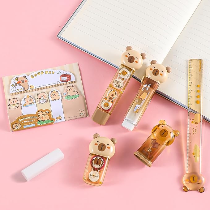 Kogcmeetl 7 Pcs Cute Capybara Stationary Set Kawaii School Supplies Japanese Stationery, Includes Pencil Sharpener, Eraser, Correction Tape, Glue Tape, Sticky Notes, Ruler, for Office School Supplies