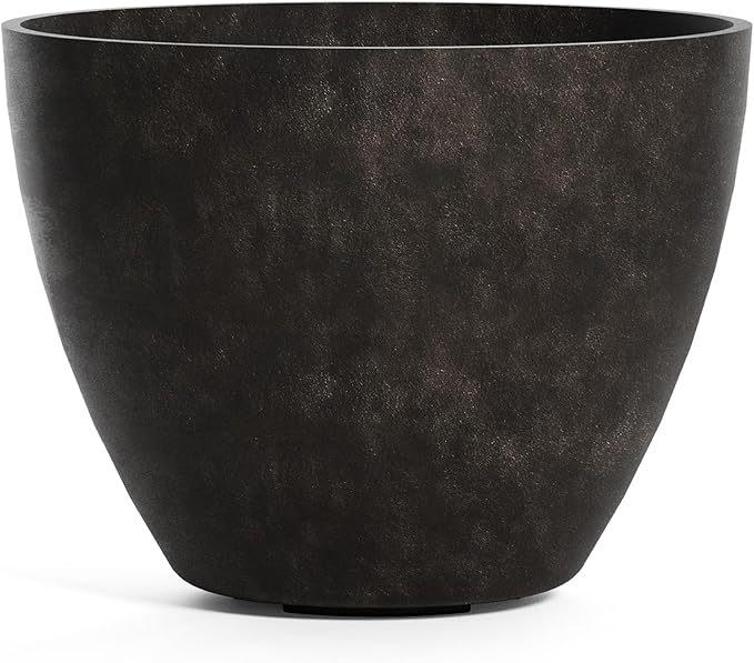 Lupo Tapered Planter – Brown Stone Finish – Fiberglass Indoor/Outdoor and Weather-Resistant Medium Planter (24.4" D x 18.7" H Exterior, 23.1" D x 18.1" H Interior)